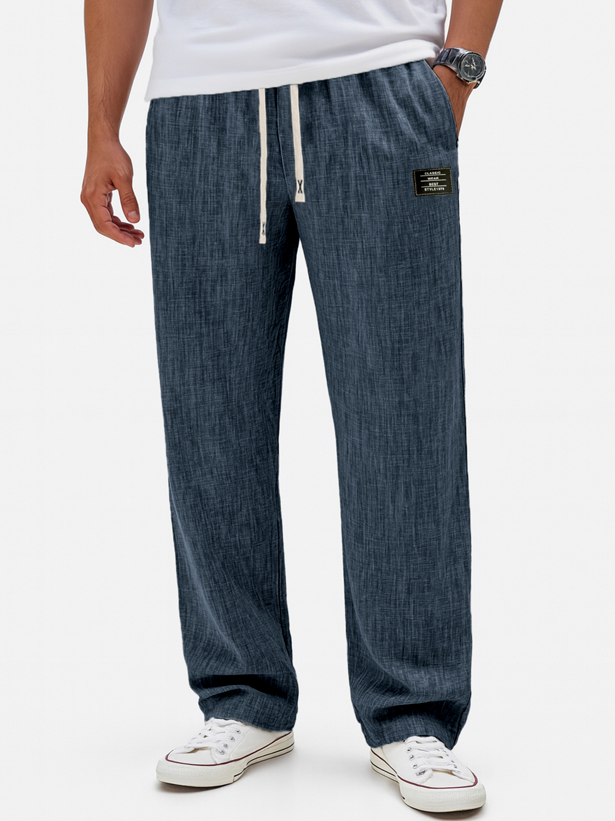 Herren Atmungsaktive Leinen Crinkle Freizeit Jogginghose mit Bestickten Etiketten-deurabatt