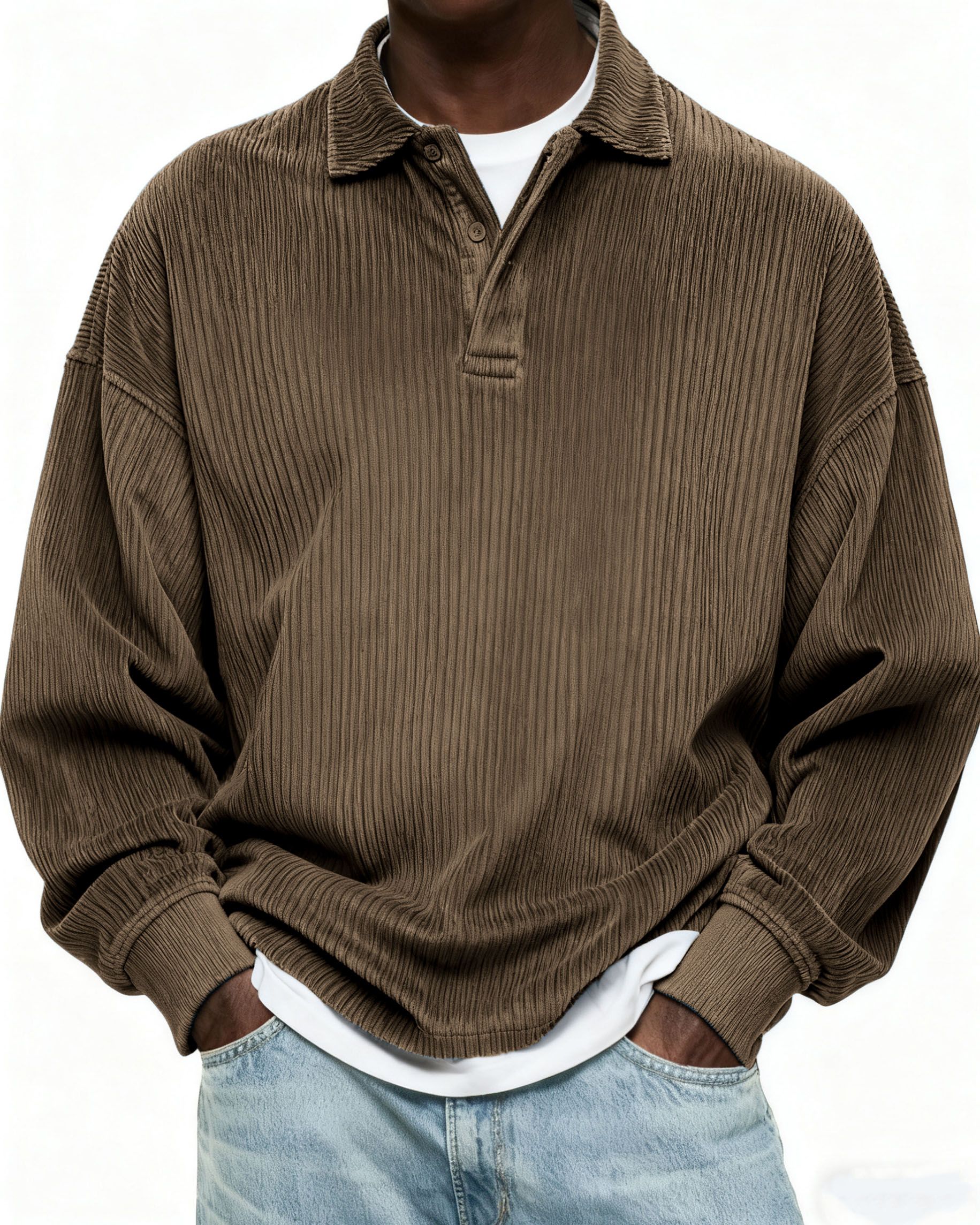 Herren Einfaches Cordstoff Textur Knopf Alltag Pullover POLO Hemd-deurabatt