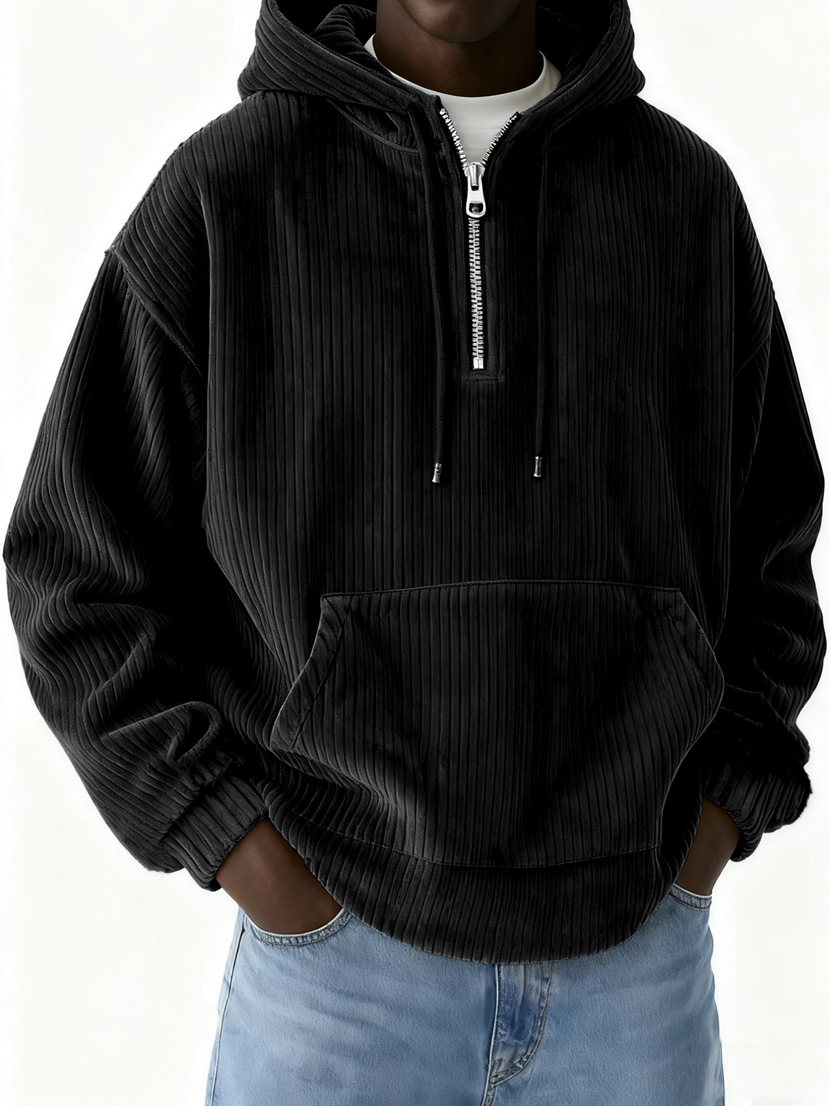 Herren-Cord-Sweatshirt mit halbem Reißverschluss und Kapuze-deurabatt