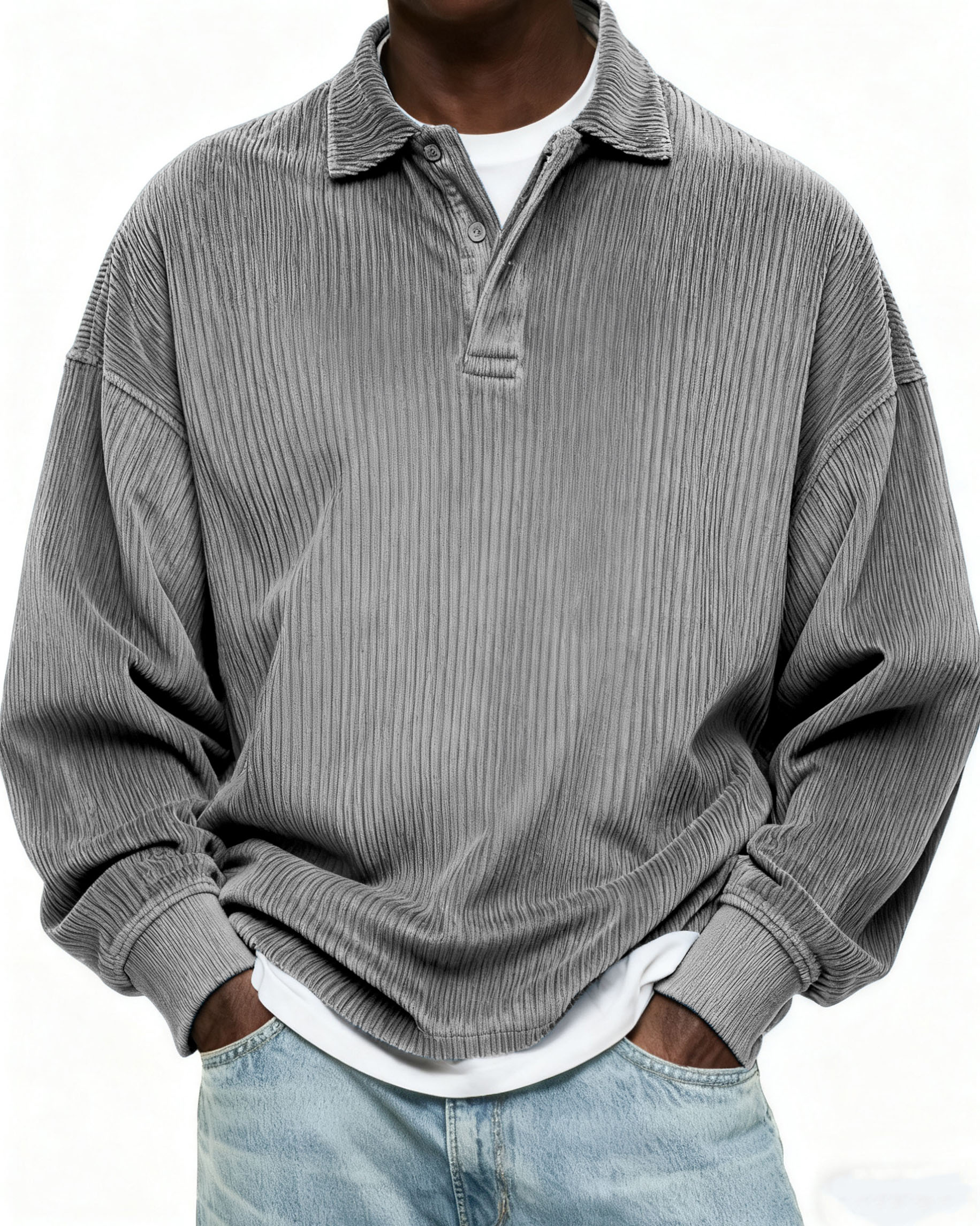 Herren Einfaches Cordstoff Textur Knopf Alltag Pullover POLO Hemd-deurabatt
