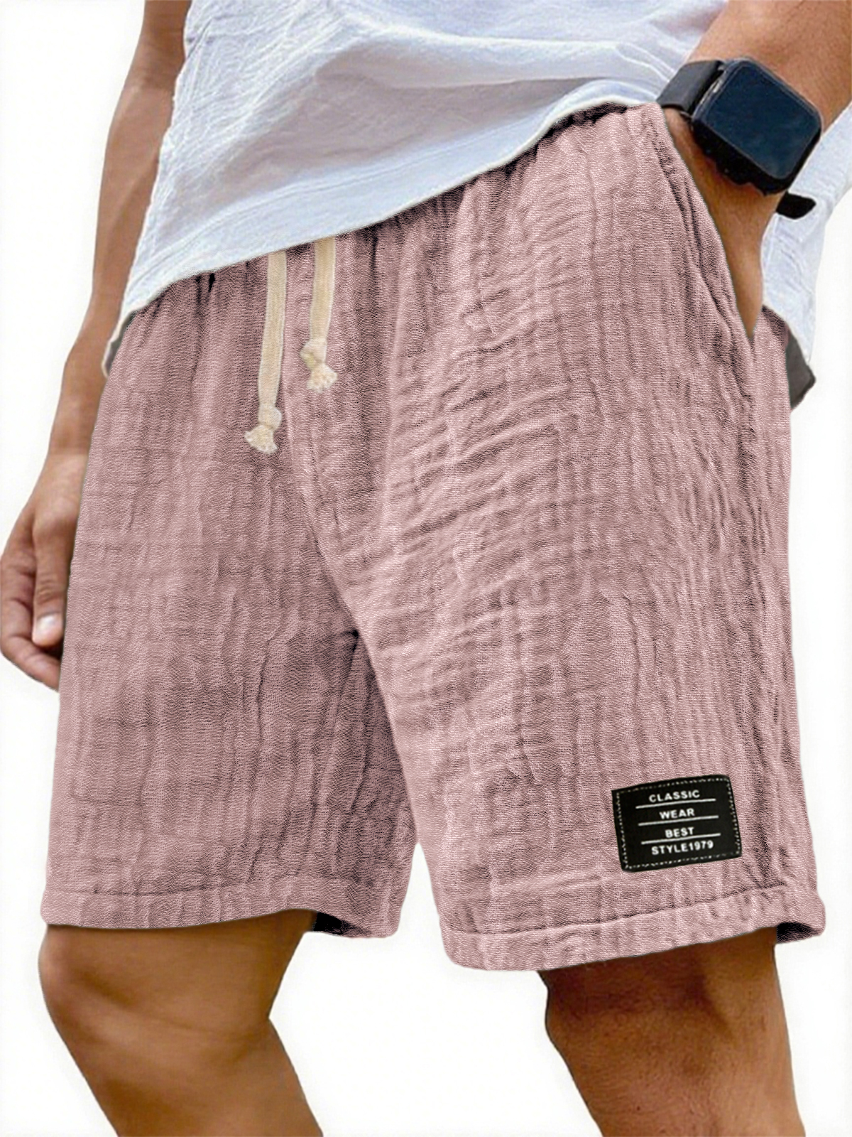 Herren Soft Crinkled Gauze Atmungsaktive Urlaub Bestickte Schnürshorts