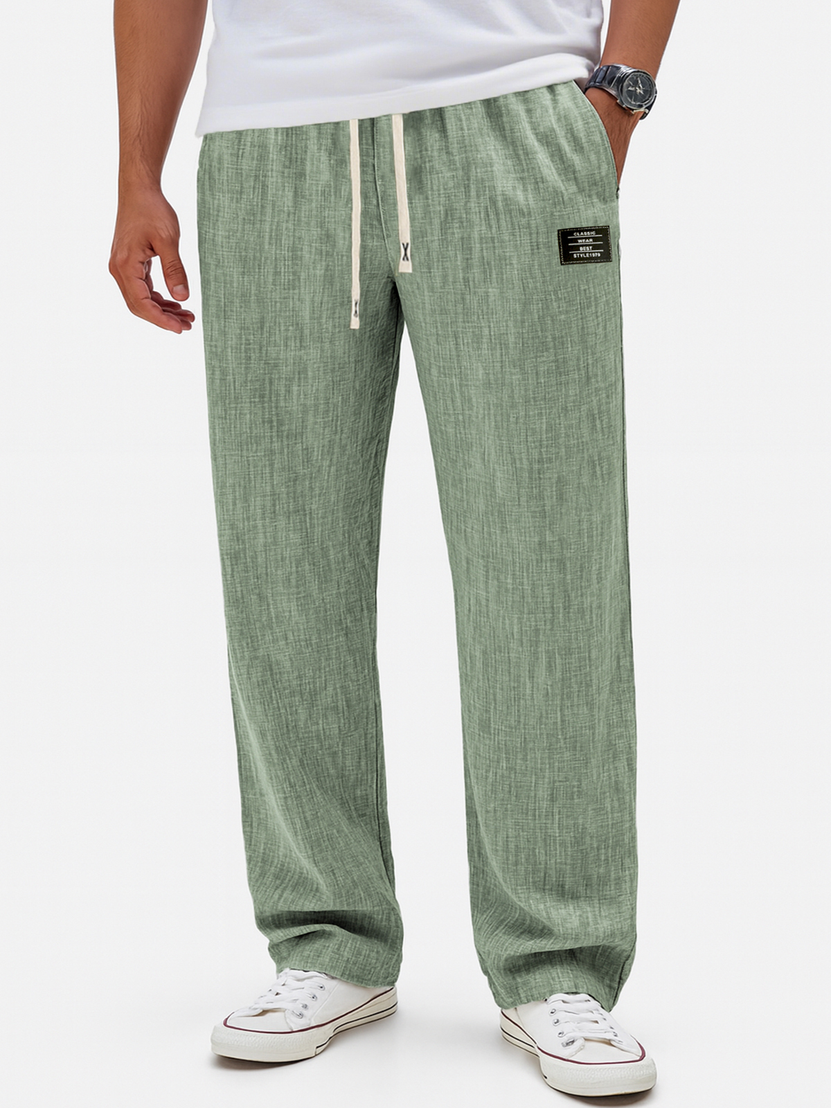 Herren Atmungsaktive Leinen Crinkle Freizeit Jogginghose mit Bestickten Etiketten-deurabatt