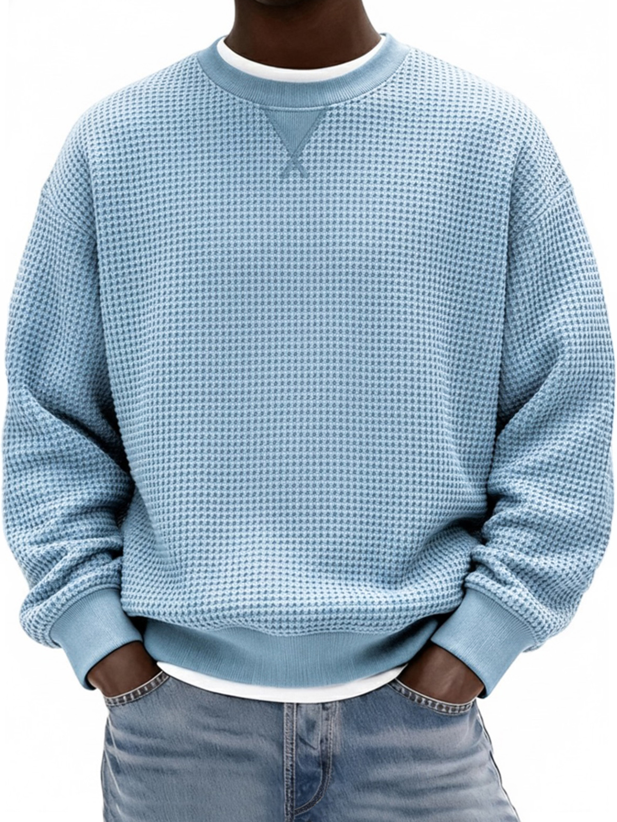 Herren Waffelstruktur X-Stich Rundhals Pullover Sweatshirt-deurabatt