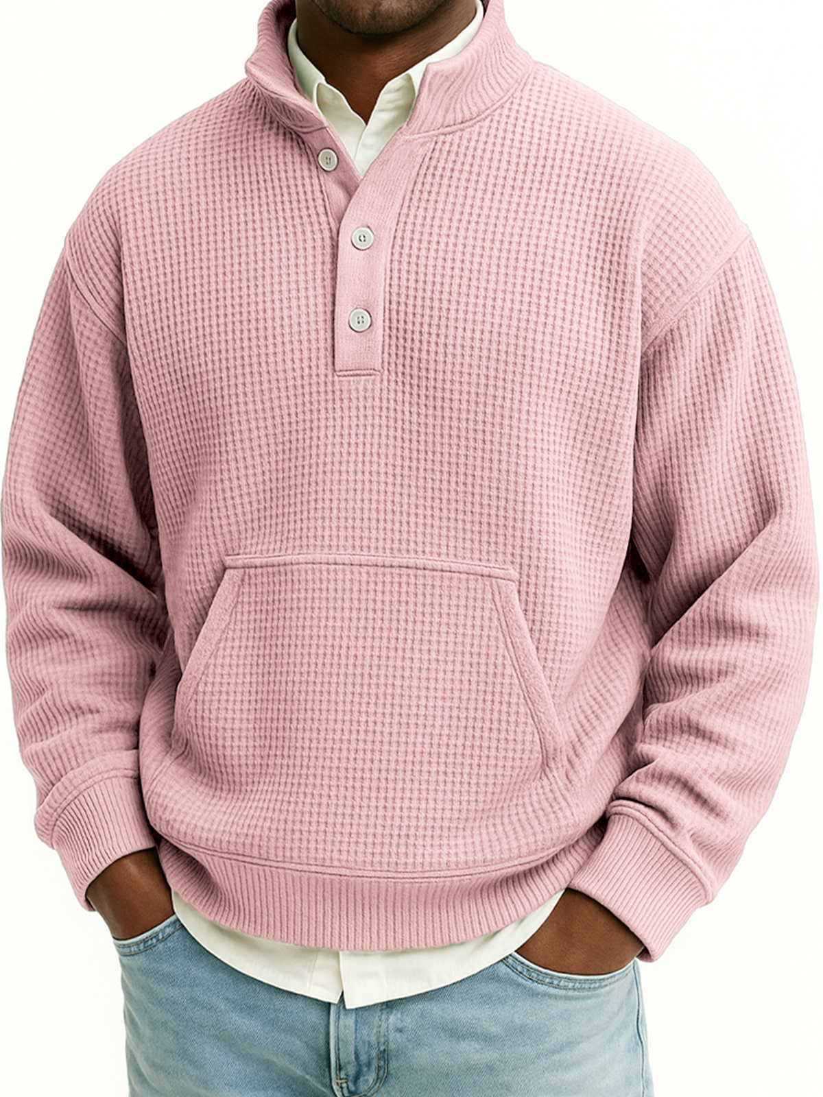 Herren Waffel Viertel Reißverschluss Stehkragen Sweatshirt mit Kängurutaschen-deurabatt
