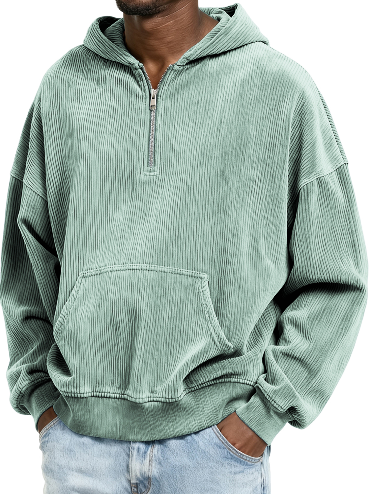 Corduroy-Ripp-Stilvoller Viertel-Reißverschluss-Pullover mit Kängurutasche-deurabatt