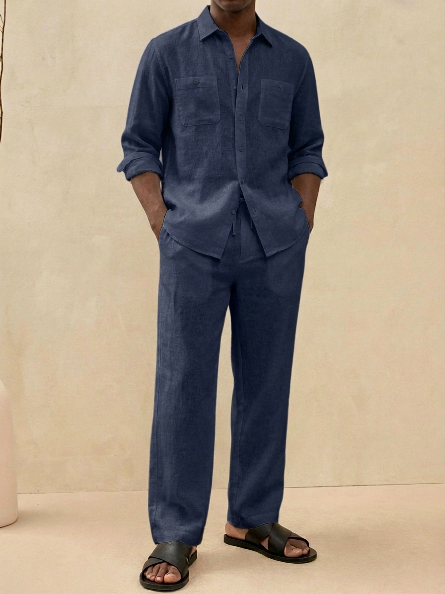 Herren Old Money Stil Freizeit Baumwoll- und Leinenhemd und Hosen Set-deurabatt
