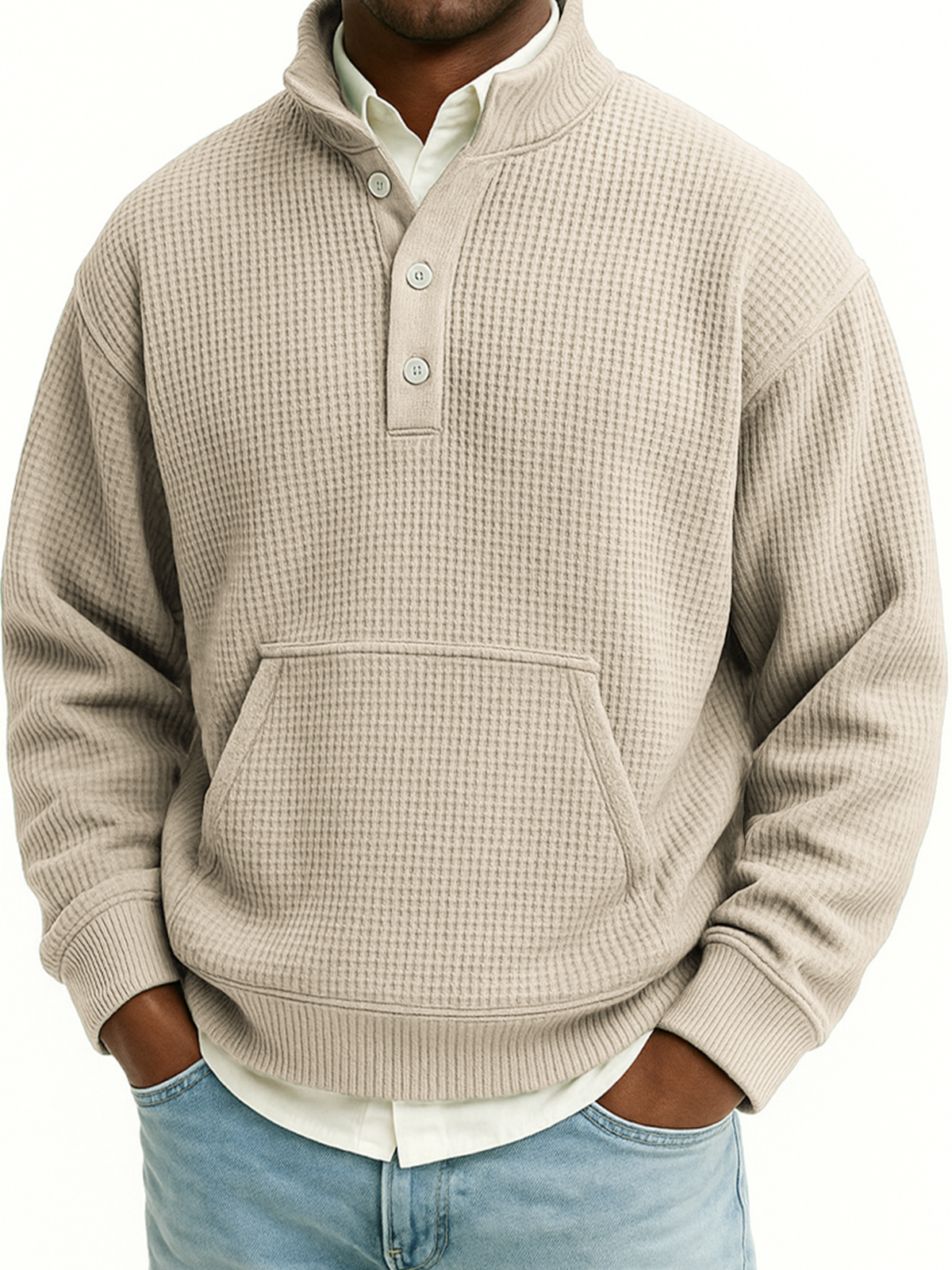 Herren Waffel Viertel Reißverschluss Stehkragen Sweatshirt mit Kängurutaschen-deurabatt