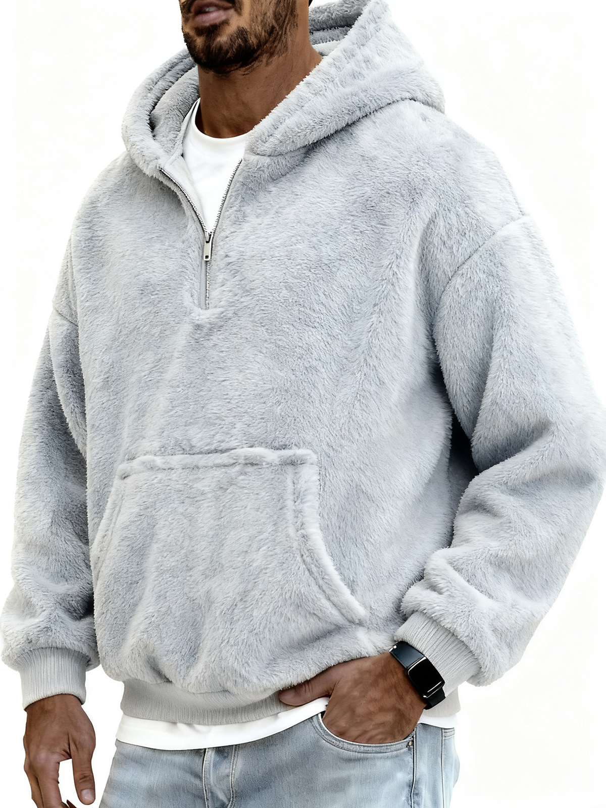 Herren Stylischer Korallenfleece Kapuzenpullover mit Kängurutaschen und einem Viertelreißverschluss-deurabatt