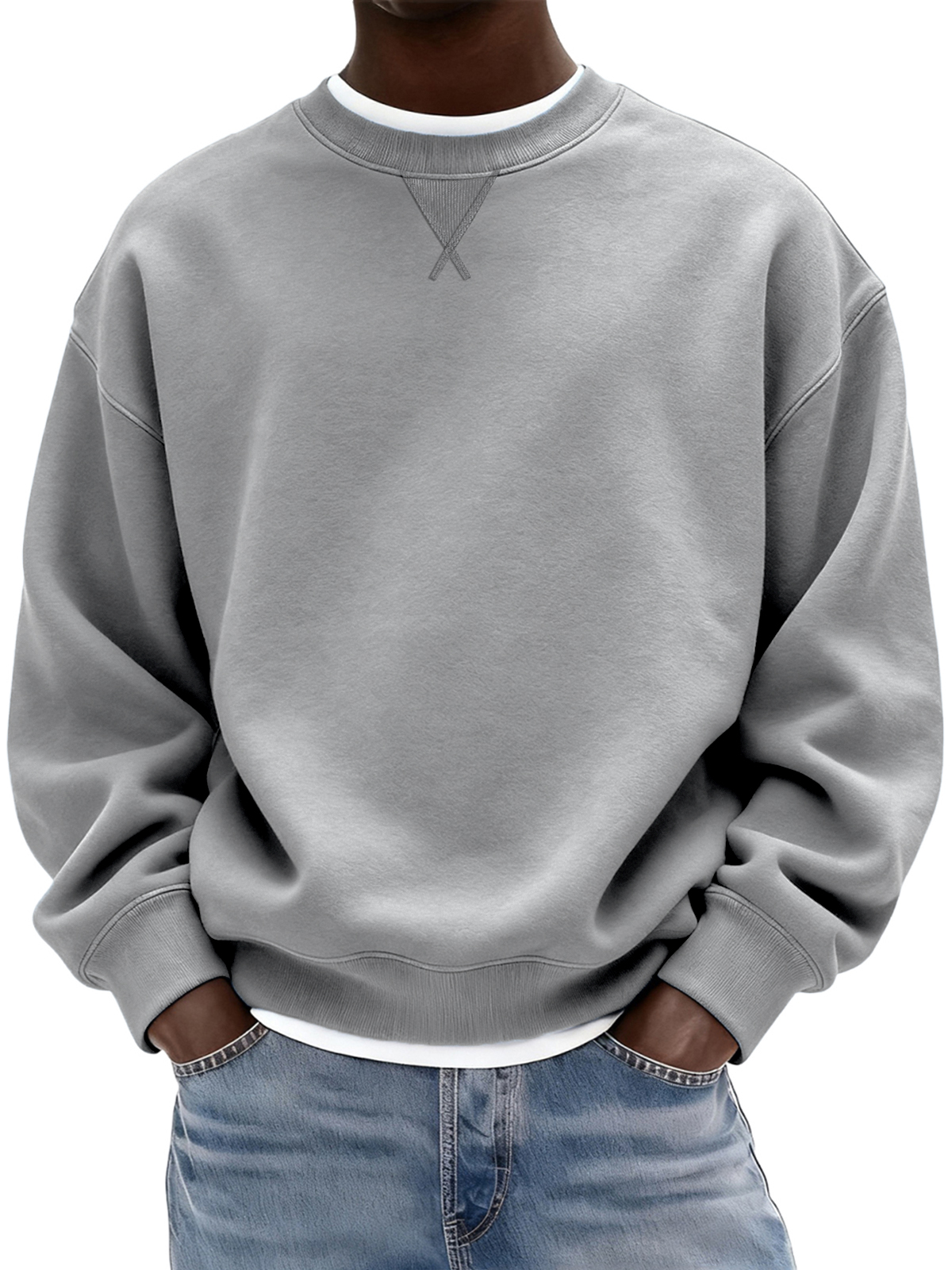 Herren Schwergewicht Baumwolle X-Stich Rundhals Basic Pullover Sweatshirt-deurabatt