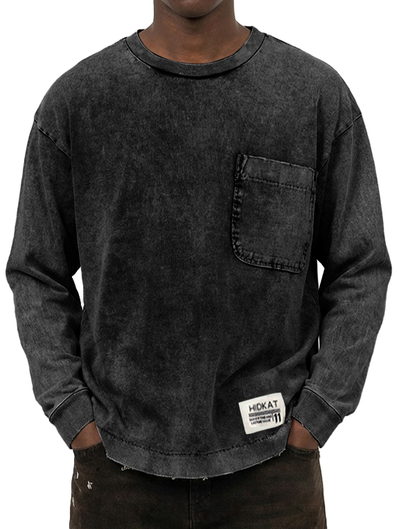 Herren Vintage gewaschenes und beschädigtes Baumwoll-T-Shirt mit langen Ärmeln-deurabatt
