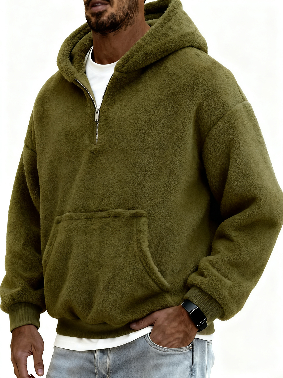 Herren Stylischer Korallenfleece Kapuzenpullover mit Kängurutaschen und einem Viertelreißverschluss-ZierMode