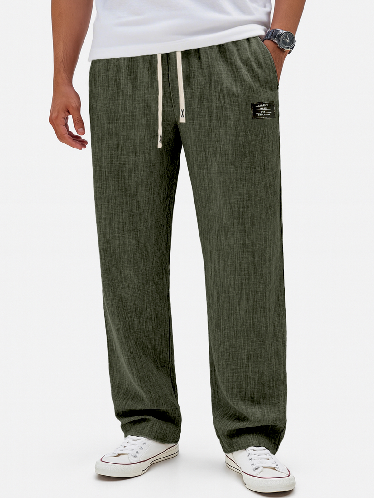 Herren Atmungsaktive Leinen Crinkle Freizeit Jogginghose mit Bestickten Etiketten-deurabatt