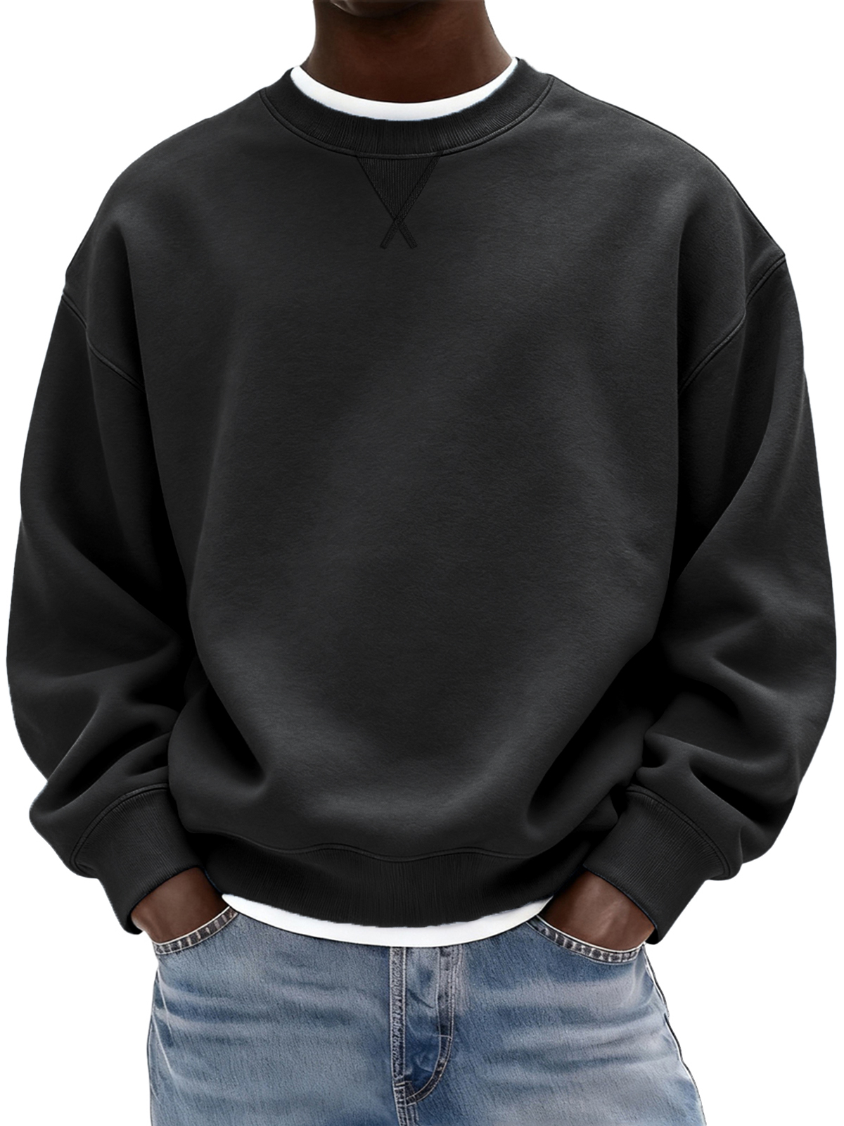Herren Schwergewicht Baumwolle X-Stich Rundhals Basic Pullover Sweatshirt-deurabatt