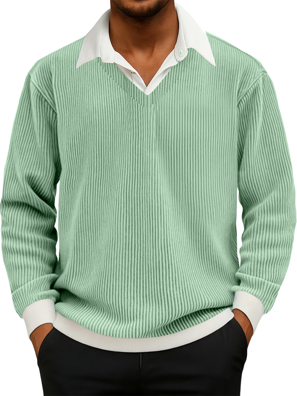 Herren Freizeit Faux Zwei-Teiliges Rippkragen Langarm Sweatshirt-deurabatt