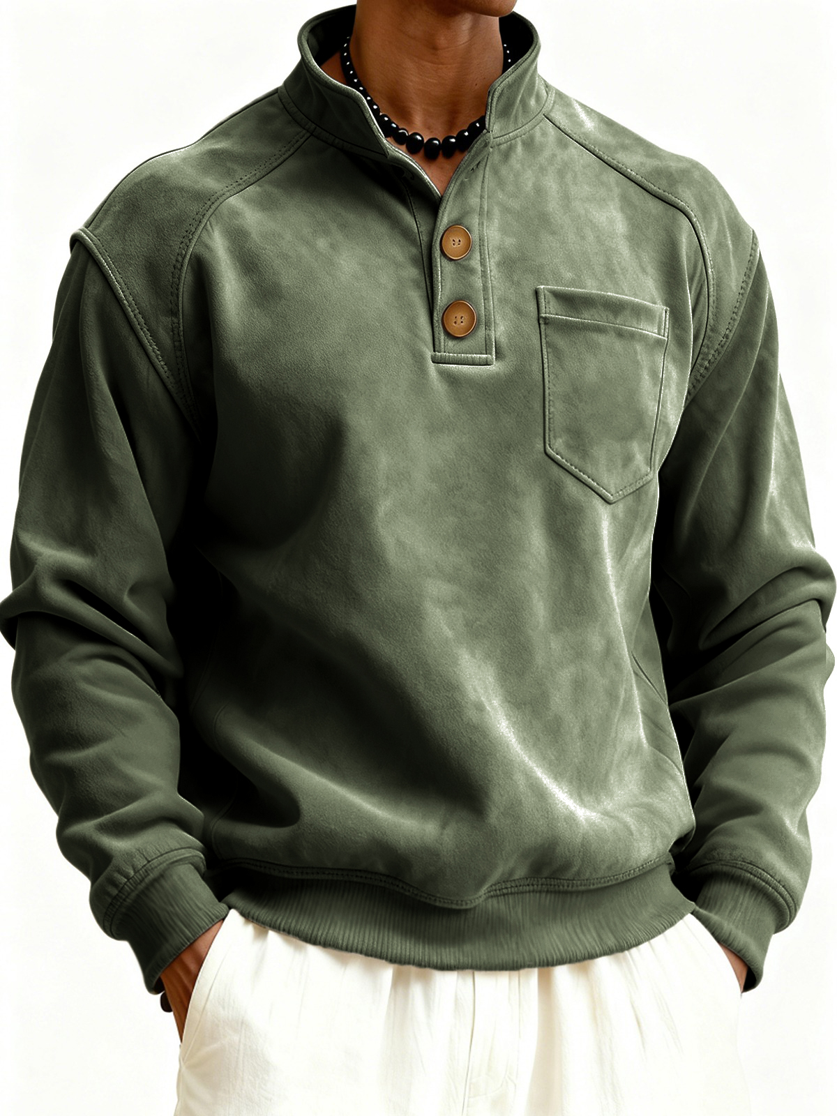 Herren Faux Suede Raglanärmel Button-down Stehkragen Pullover Sweatshirt mit Brusttasche-deurabatt
