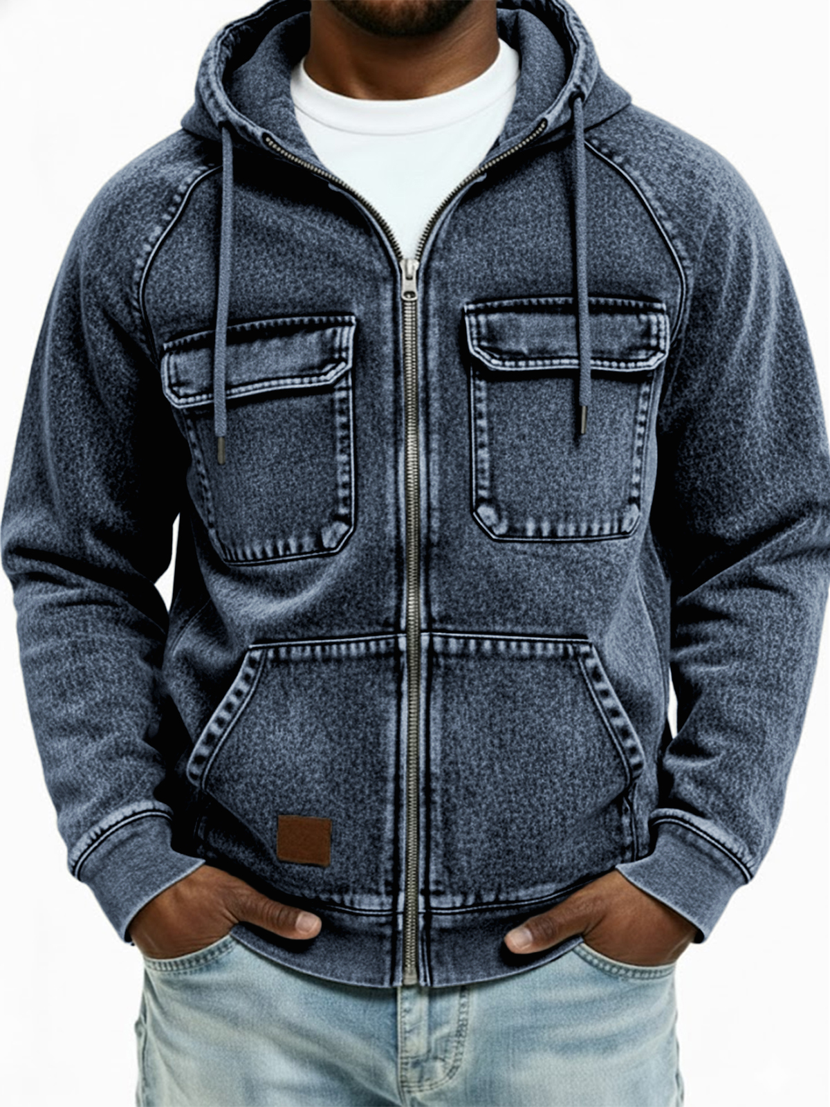 Herren Vintage Abgenutzte Mehrfachtaschen Voller Reißverschluss Kapuzenstrickjacke-deurabatt