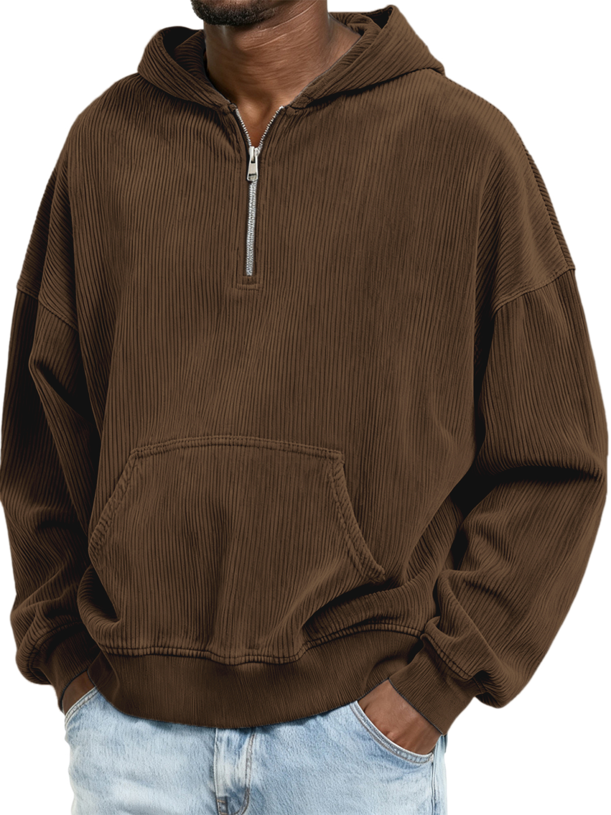 Corduroy-Ripp-Stilvoller Viertel-Reißverschluss-Pullover mit Kängurutasche-deurabatt