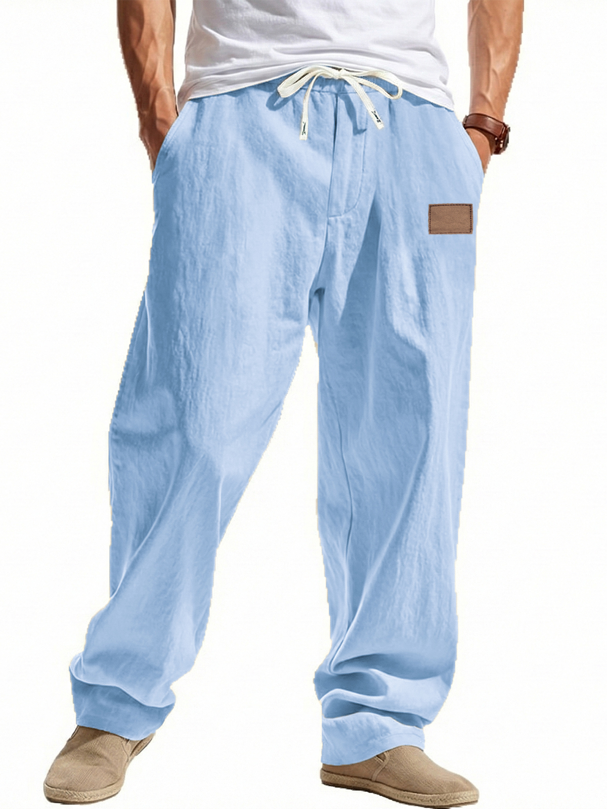 Lässige Leinen-Baumwoll-Hose mit weitem Bein und besticktem Etikett-deurabatt