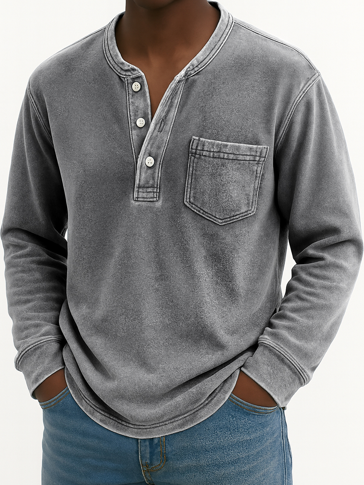 Herren Vintage Abgenutztes Taschen Freizeit Langarm Henley Shirt-deurabatt