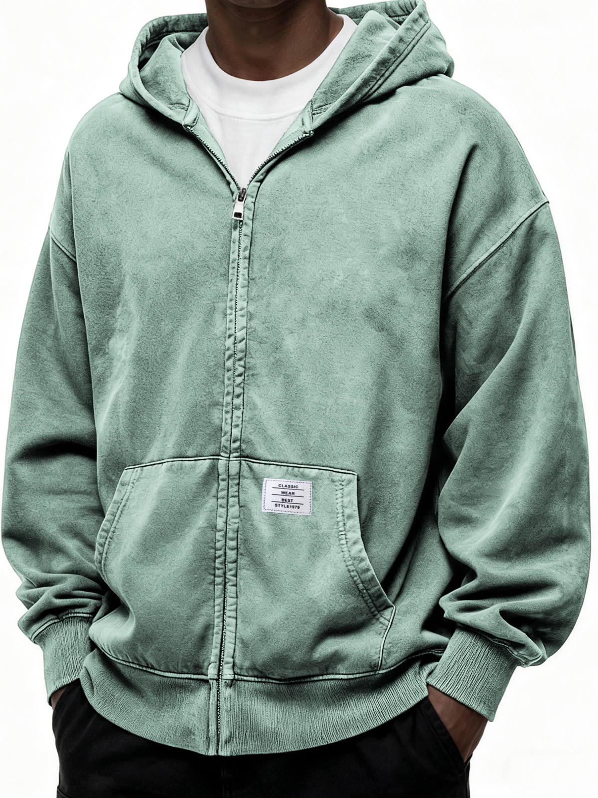 Schwergewicht Kapuzen-Full-Zip Cardigan Sweatshirt mit Kängurutasche und Etikett-deurabatt