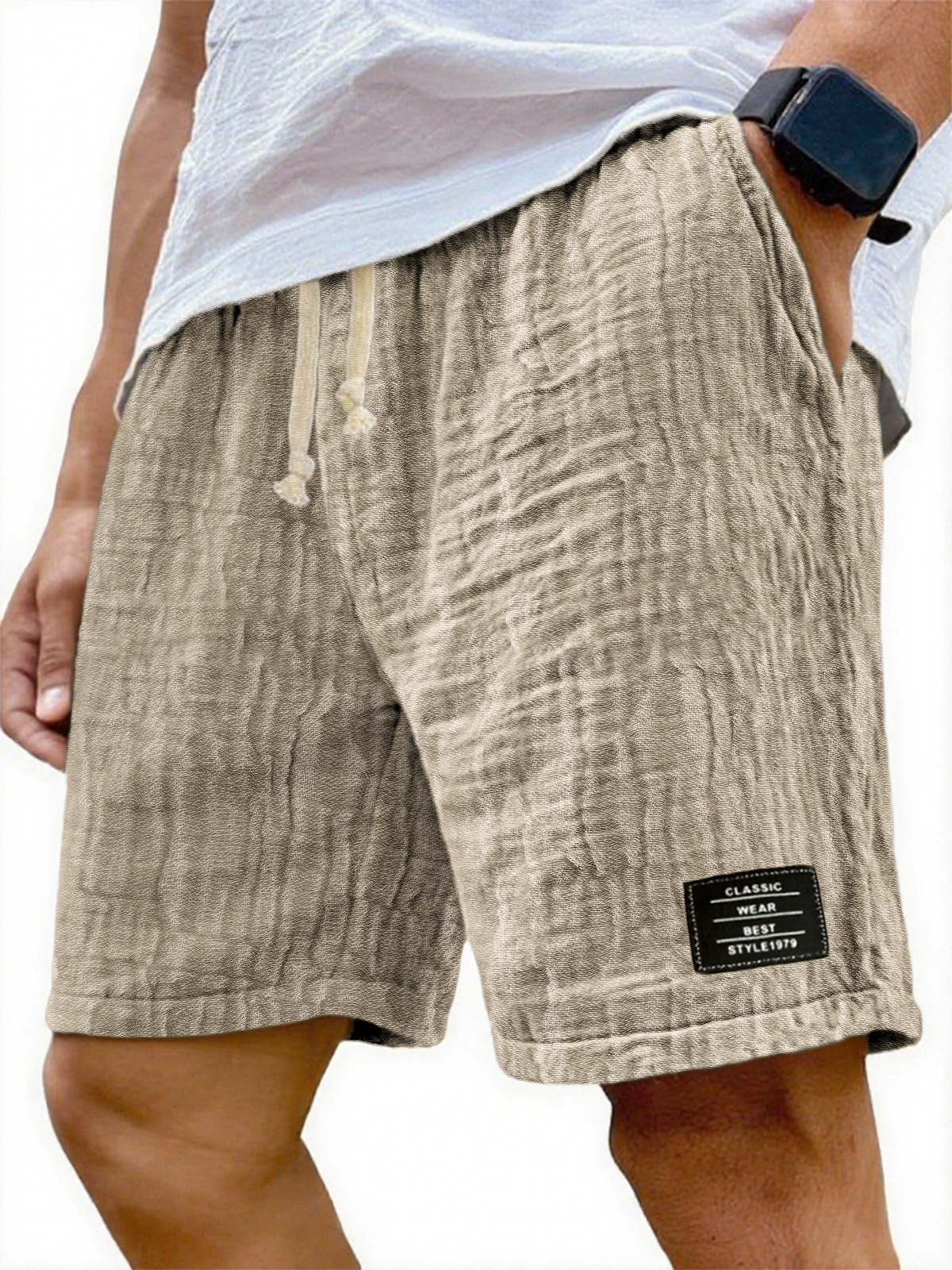 Herren Soft Crinkled Gauze Atmungsaktive Urlaub Bestickte Schnürshorts