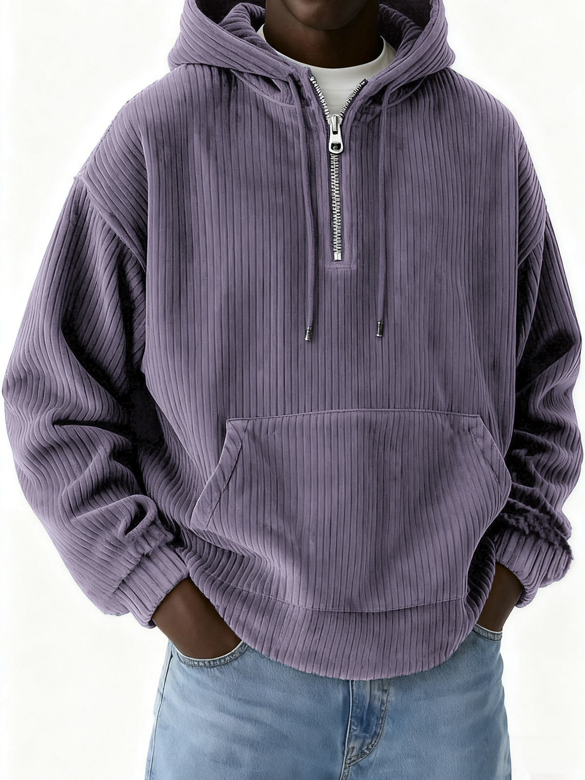 Herren-Cord-Sweatshirt mit halbem Reißverschluss und Kapuze-deurabatt