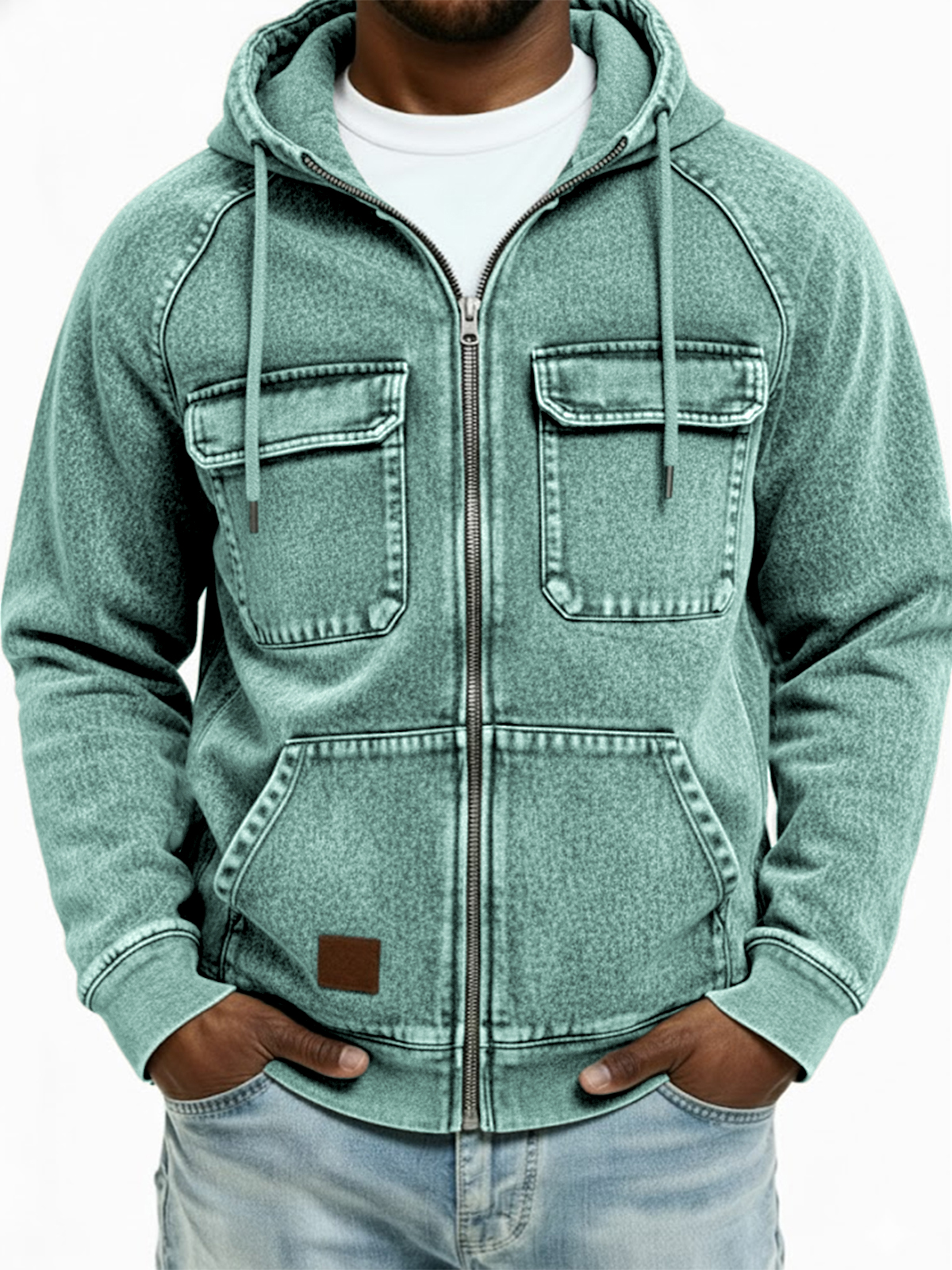 Herren Vintage Abgenutzte Mehrfachtaschen Voller Reißverschluss Kapuzenstrickjacke-deurabatt