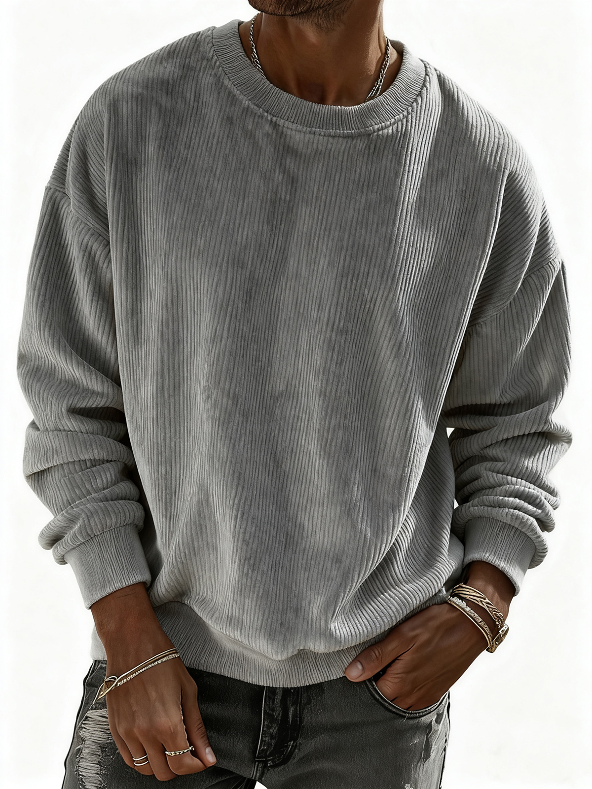 Herren Pullover Sweatshirt aus einfarbigem Cordstoff mit Streifen-deurabatt