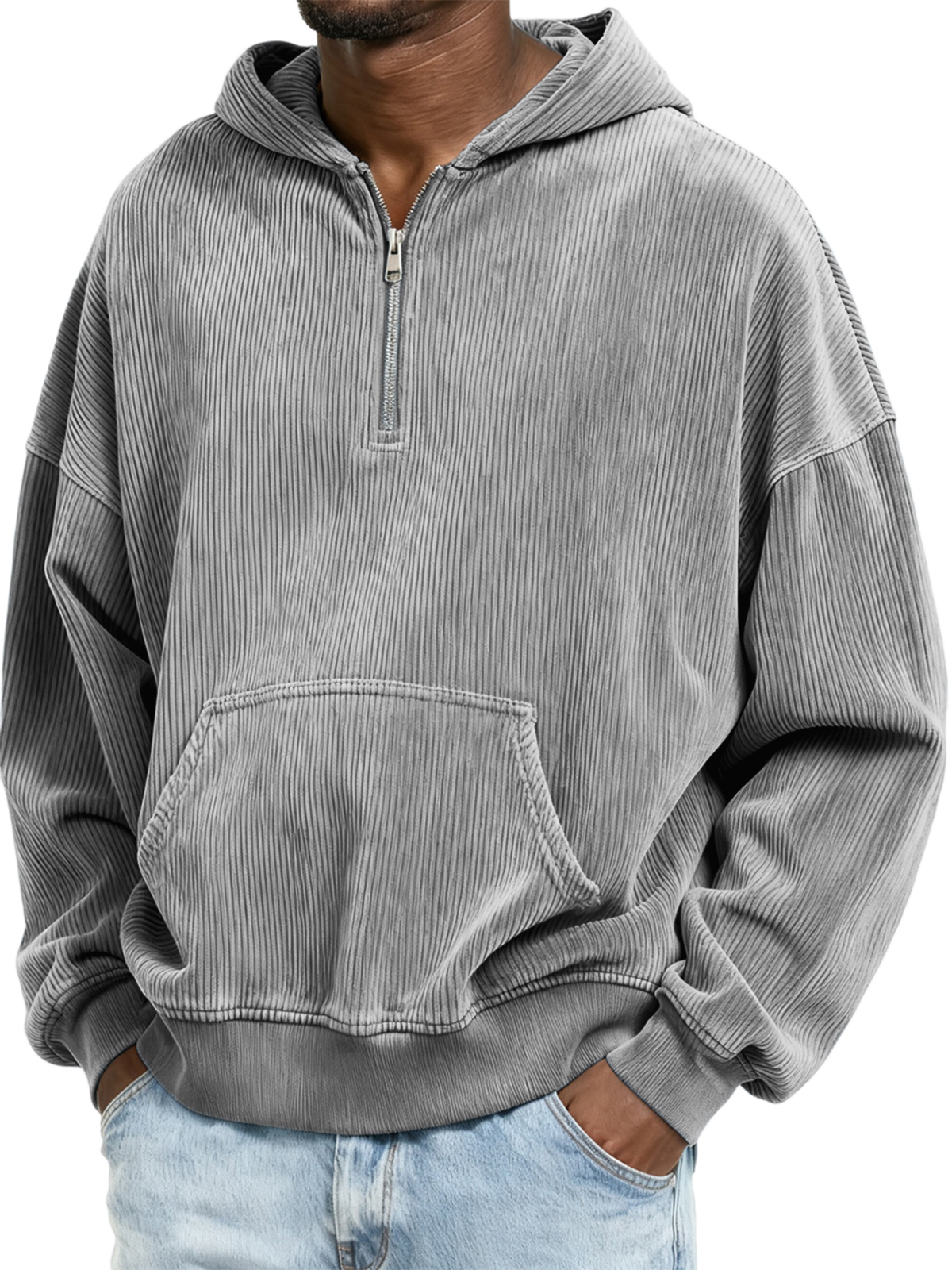 Corduroy-Ripp-Stilvoller Viertel-Reißverschluss-Pullover mit Kängurutasche-deurabatt