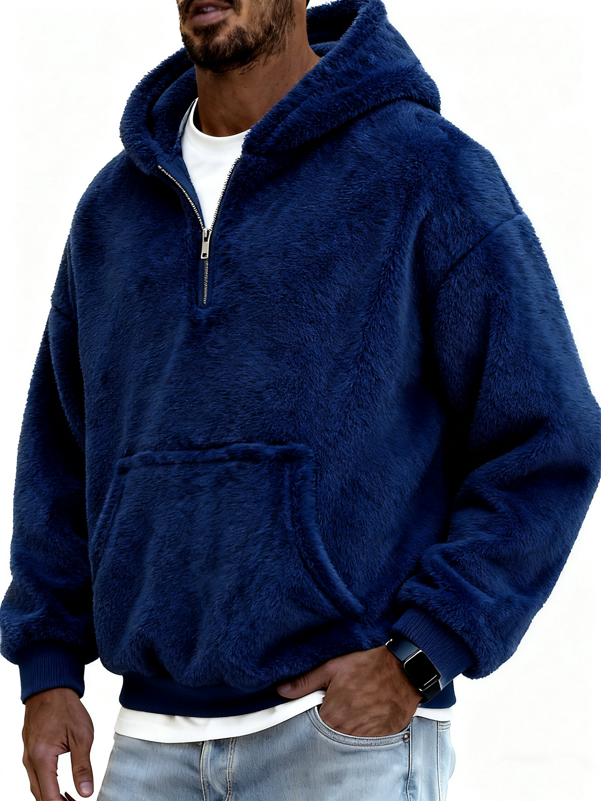 Herren Stylischer Korallenfleece Kapuzenpullover mit Kängurutaschen und einem Viertelreißverschluss-ZierMode