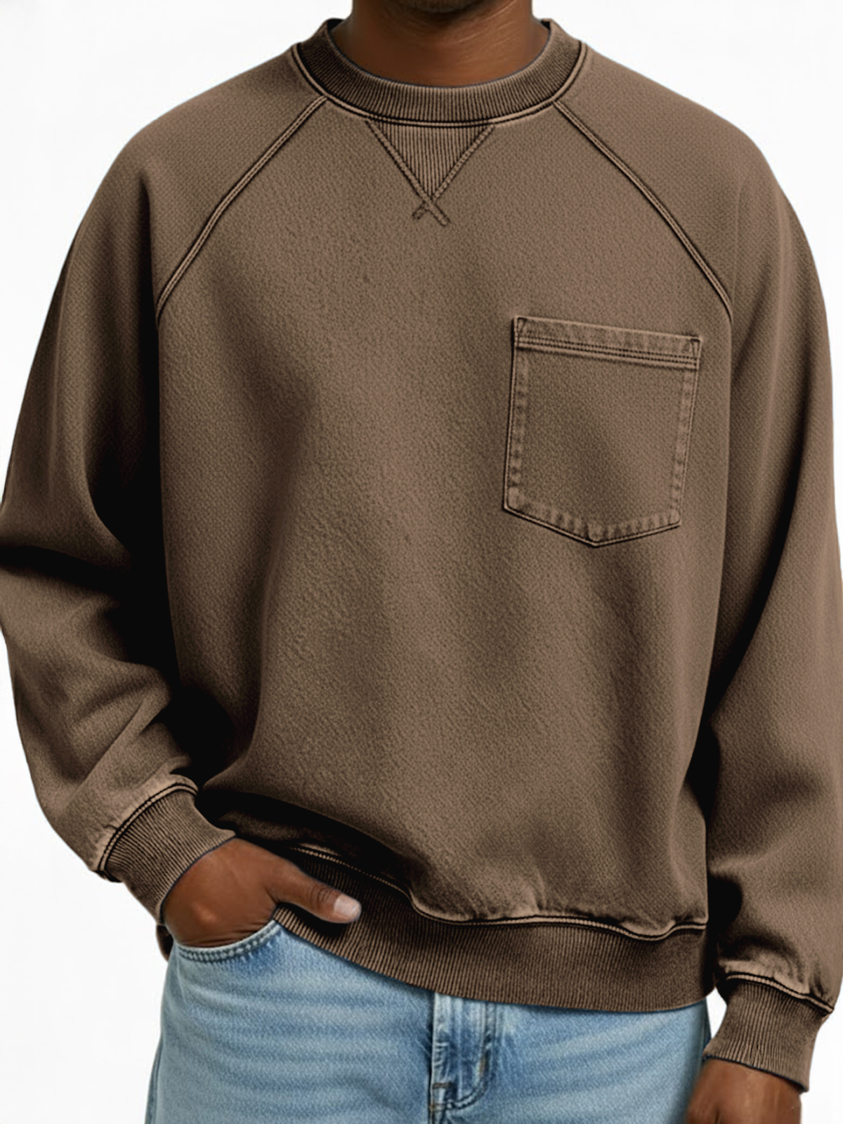 Herren Vintage Distressed Raglan Ärmel X-gestickte Patchwork Tasche Rundhals Pullover Sweatshirt-ZierMode