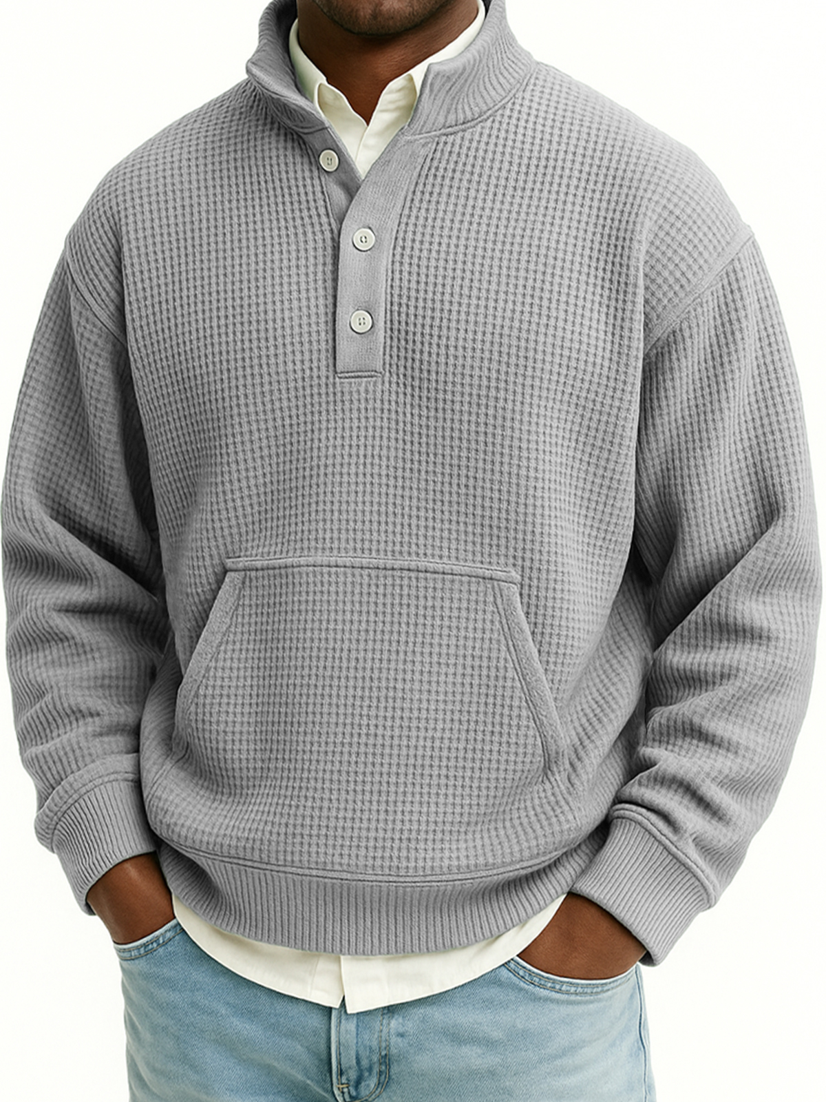 Herren Waffel Viertel Reißverschluss Stehkragen Sweatshirt mit Kängurutaschen-deurabatt
