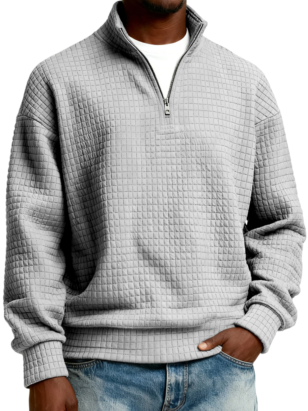 Herren-Stepppullover mit halbem Reißverschluss aus Jacquard-Gewebe-deurabatt