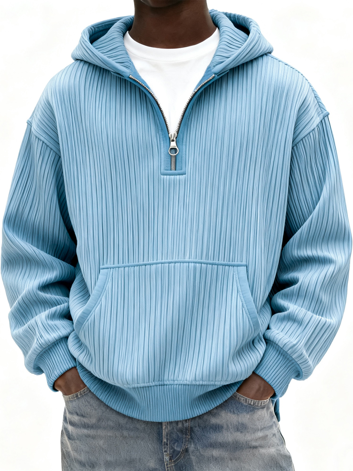 Herren Rippstrick Viertel Reißverschluss Hoodie mit Kängurutasche-deurabatt