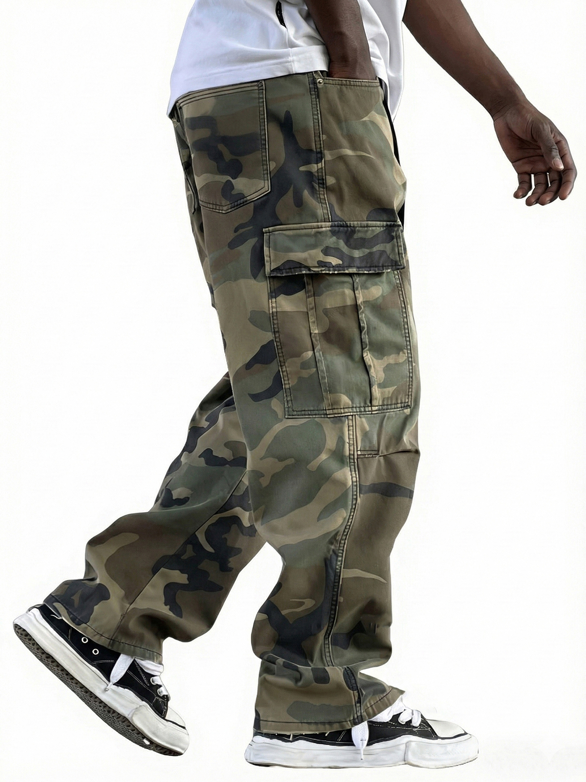 Herren Vintage Arbeitskleidung Unregelmäßiges Camouflage-Muster Mehrfachtaschen Weitbeinige Hose-ZierMode