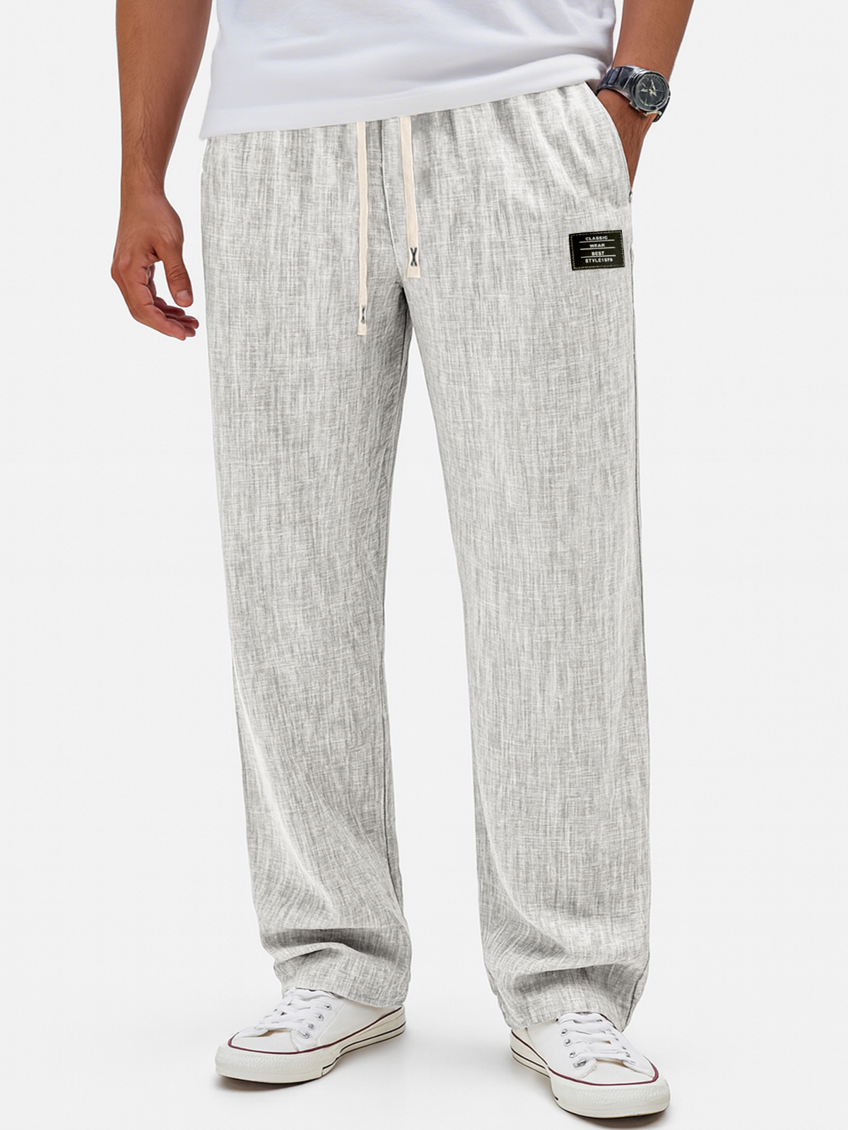 Herren Atmungsaktive Leinen Crinkle Freizeit Jogginghose mit Bestickten Etiketten-deurabatt