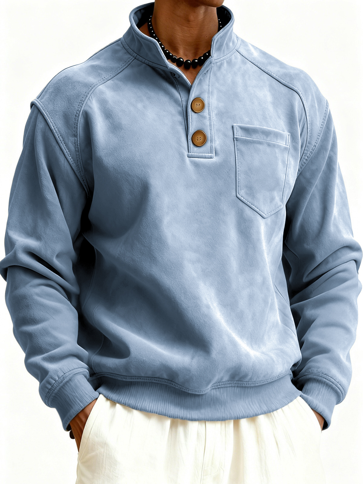 Herren Faux Suede Raglanärmel Button-down Stehkragen Pullover Sweatshirt mit Brusttasche-deurabatt