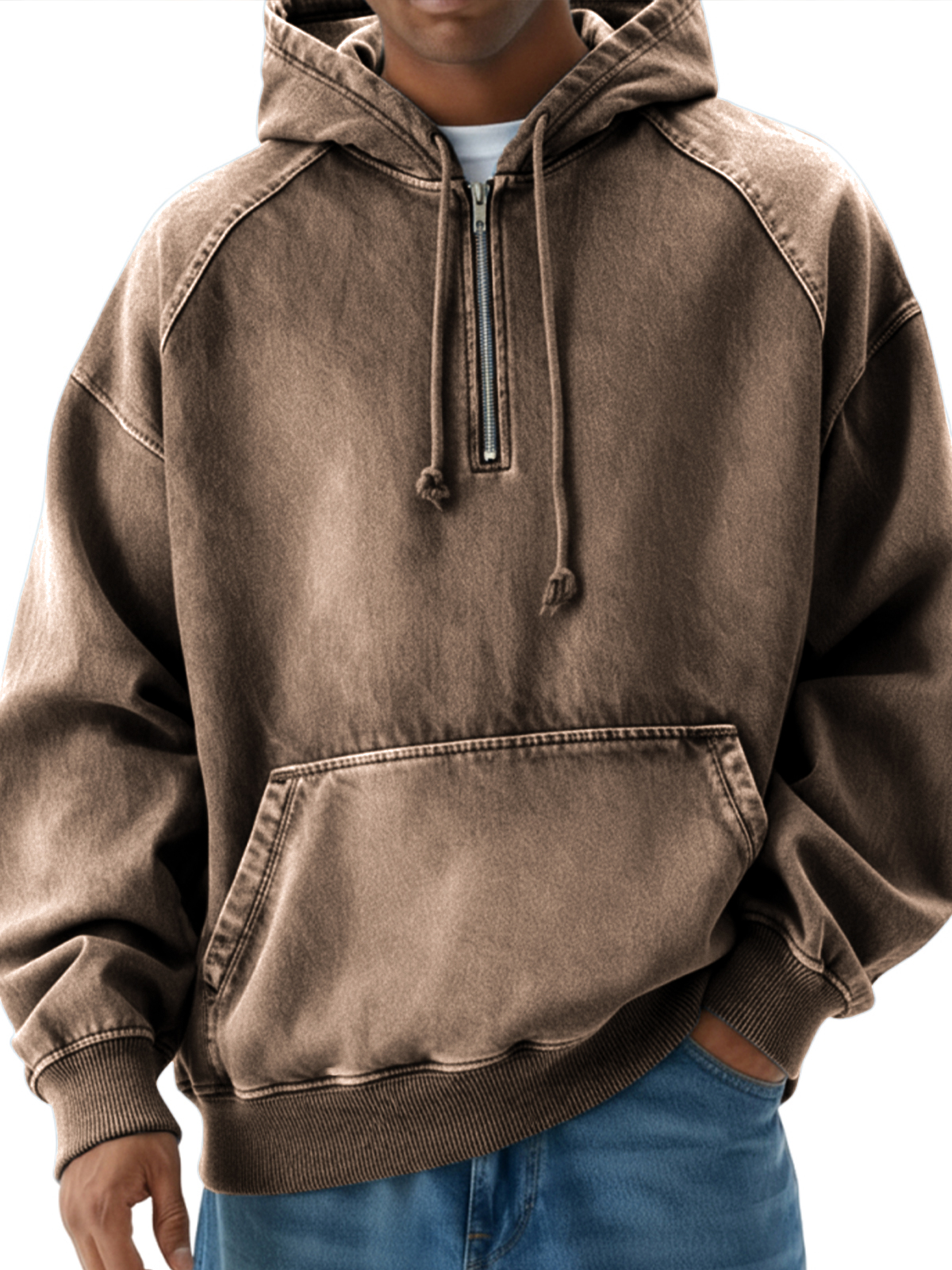 Herren Vintage Distressed Raglan Viertel-Reißverschluss Pullover Hoodie-deurabatt