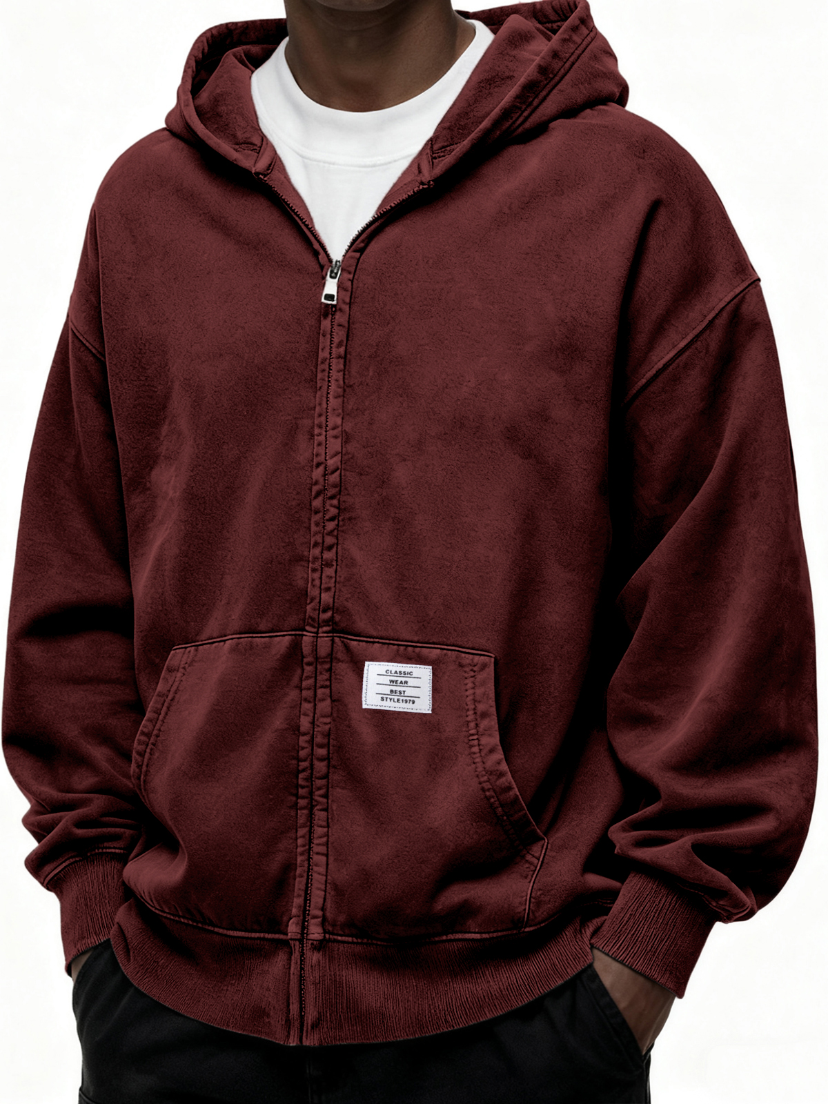 Schwergewicht Kapuzen-Full-Zip Cardigan Sweatshirt mit Kängurutasche und Etikett-deurabatt