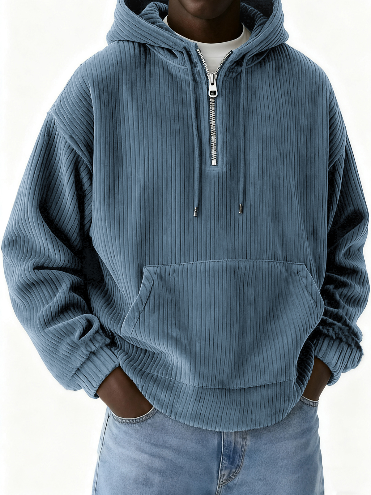 Herren-Cord-Sweatshirt mit halbem Reißverschluss und Kapuze-deurabatt