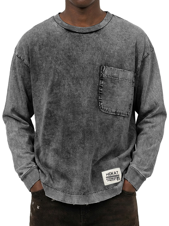 Herren Vintage gewaschenes und beschädigtes Baumwoll-T-Shirt mit langen Ärmeln-deurabatt