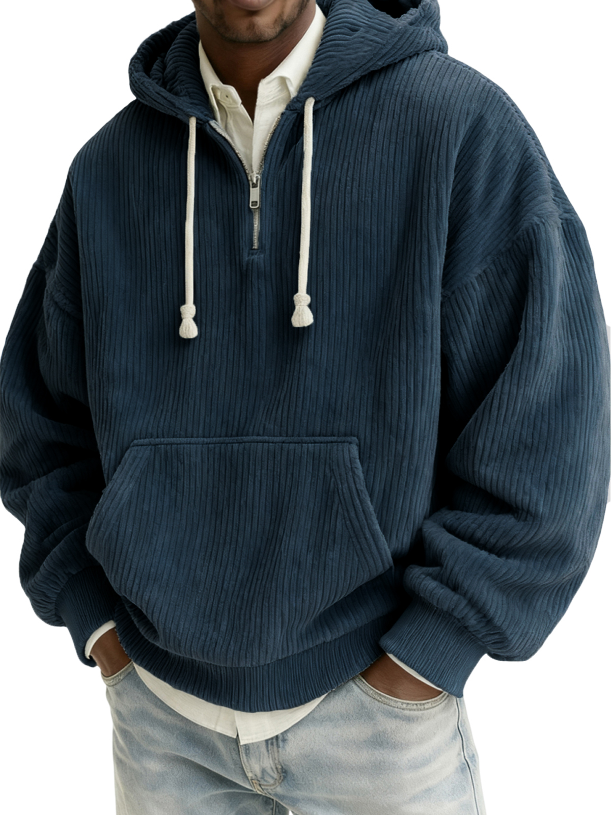 Herren Stylischer Viertelreißverschluss Corduroy Kapuzenpullover mit Kängurutaschen-deurabatt