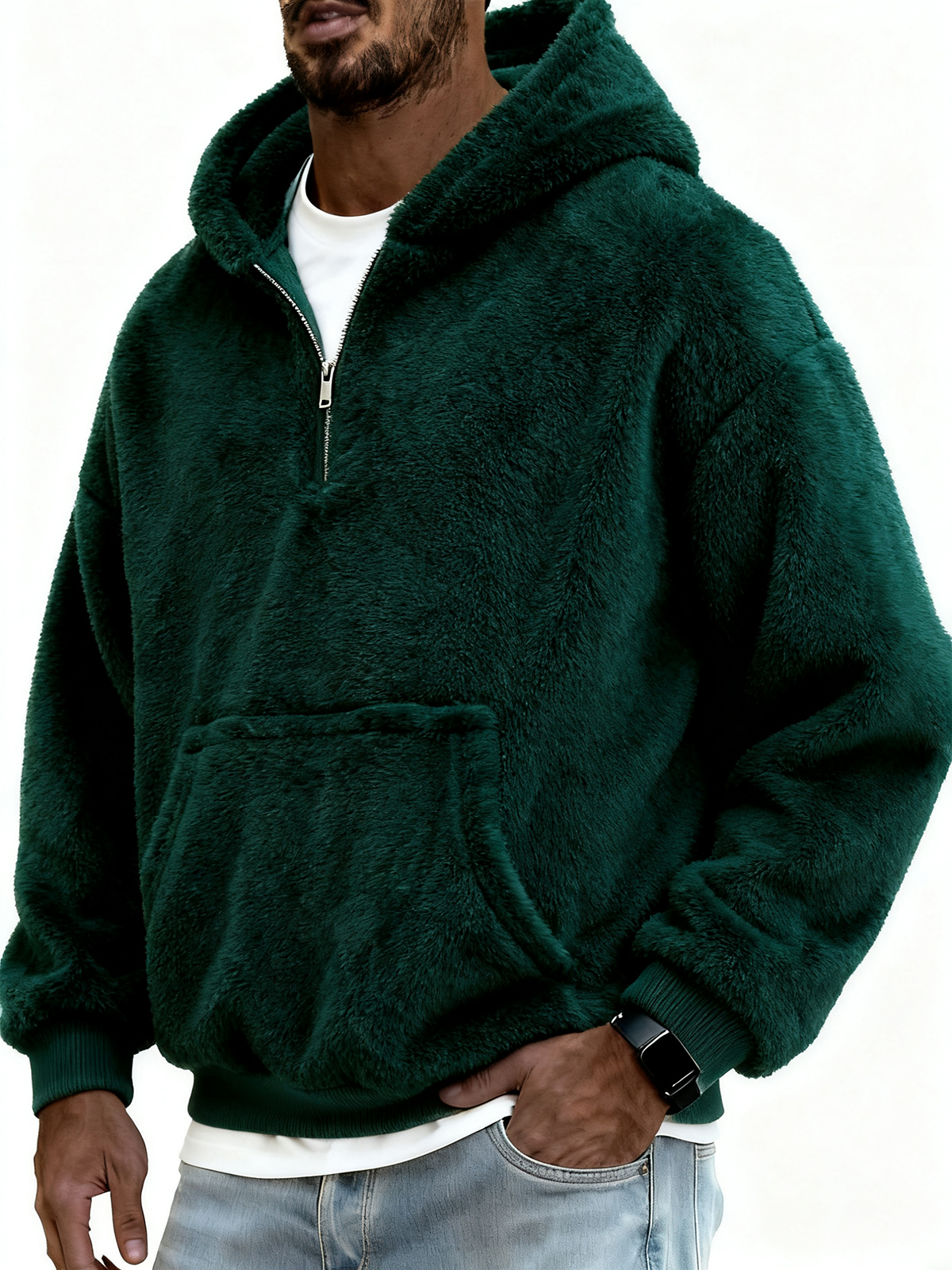 Herren Stylischer Korallenfleece Kapuzenpullover mit Kängurutaschen und einem Viertelreißverschluss-ZierMode