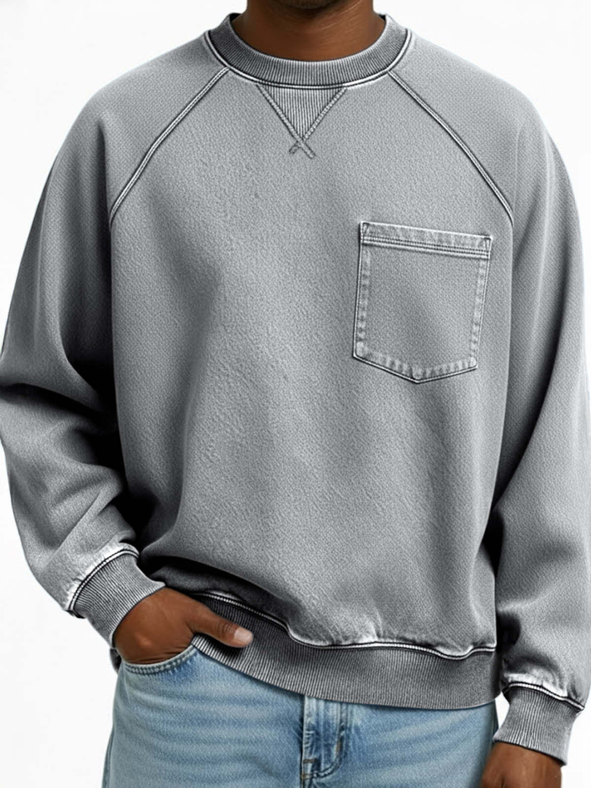 Herren Vintage Distressed Raglan Ärmel X-gestickte Patchwork Tasche Rundhals Pullover Sweatshirt-ZierMode