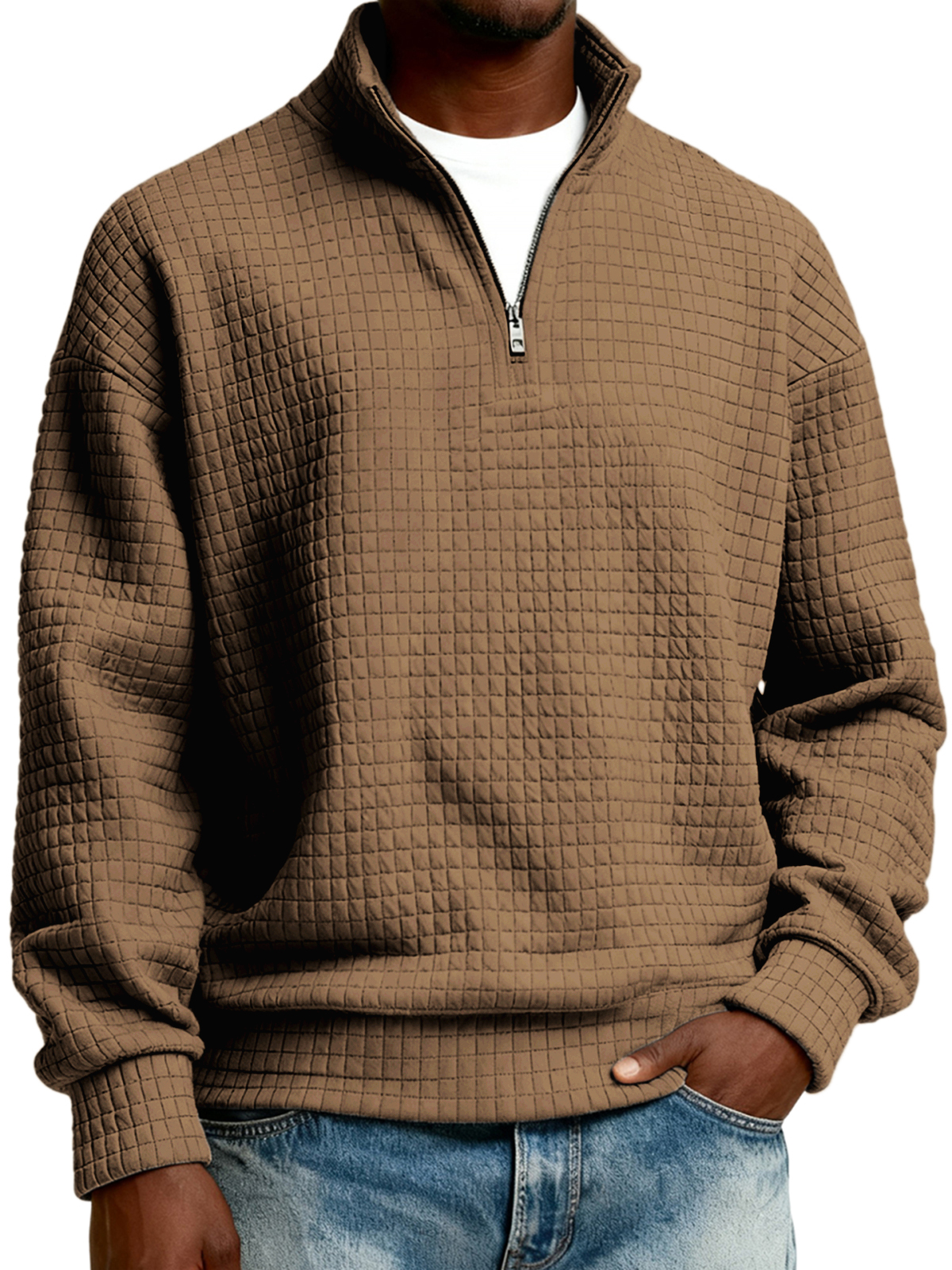 Herren-Stepppullover mit halbem Reißverschluss aus Jacquard-Gewebe-deurabatt