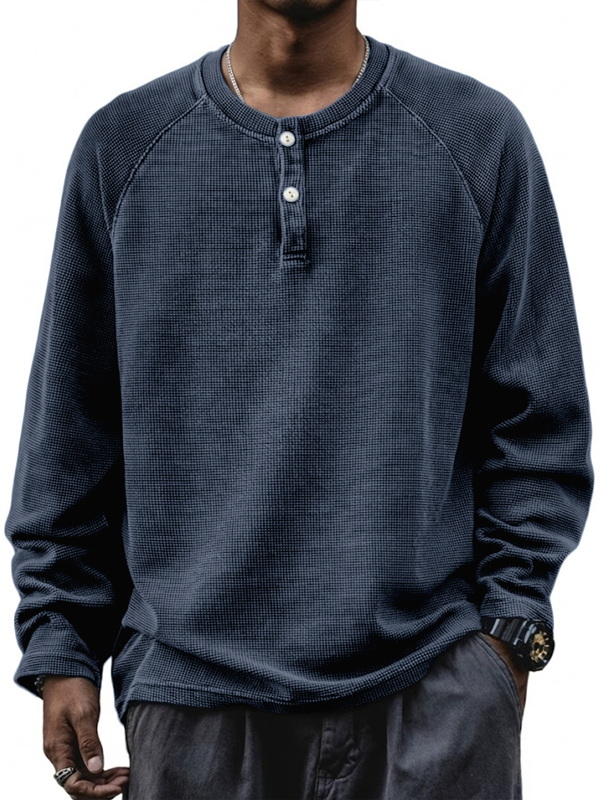 Herren Retro Waffel Raglan Lockere Pullover Langarm Henley Shirt-deurabatt