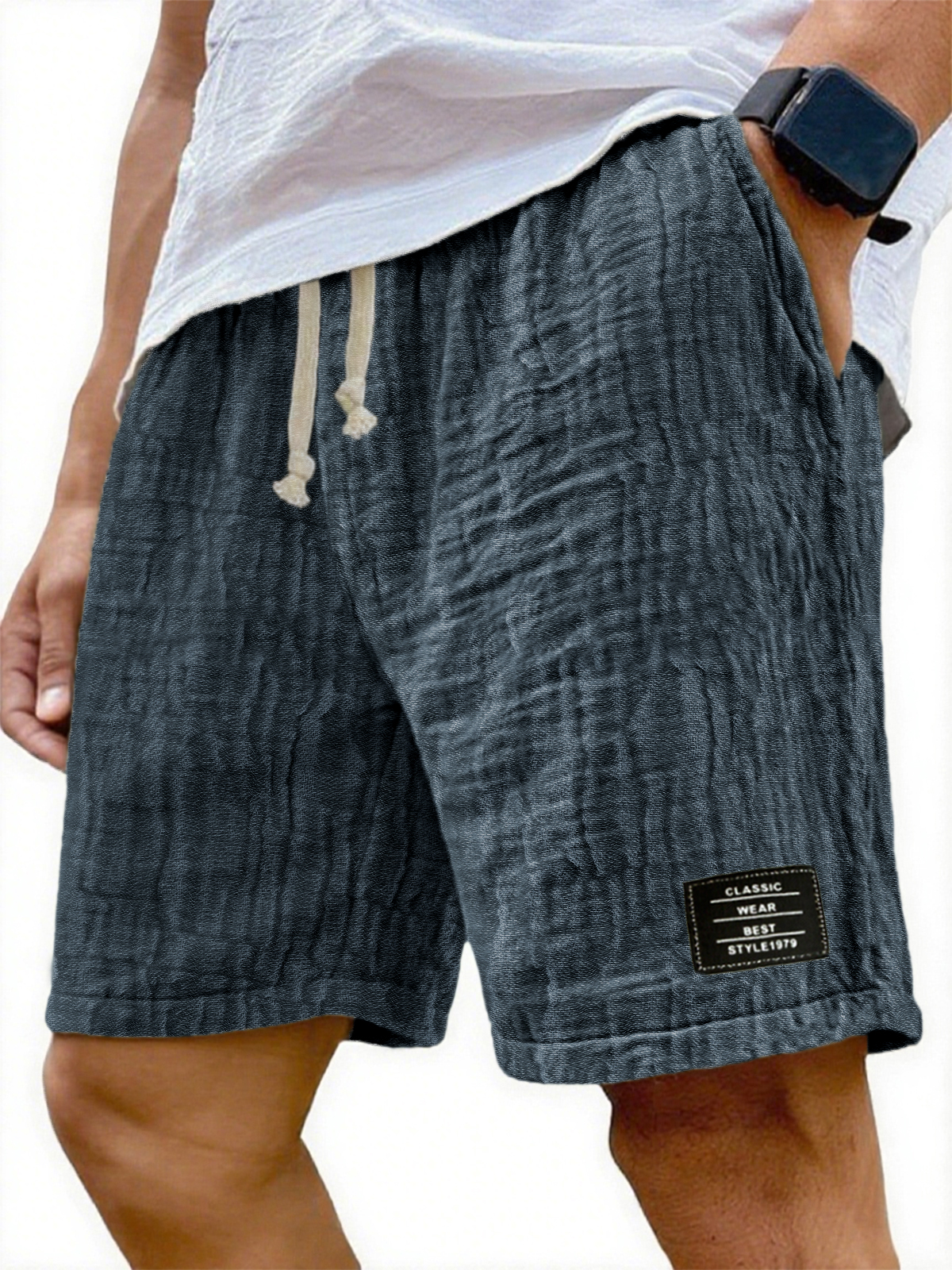 Herren Soft Crinkled Gauze Atmungsaktive Urlaub Bestickte Schnürshorts
