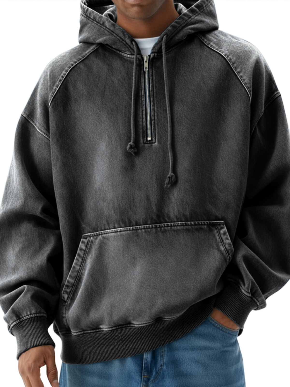 Herren Vintage Distressed Raglan Viertel-Reißverschluss Pullover Hoodie-deurabatt