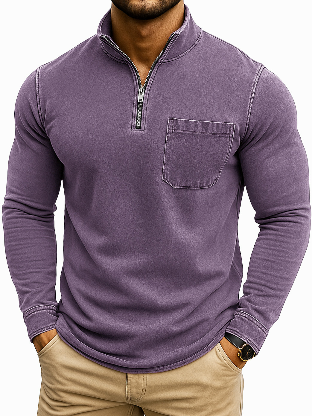 Herren Retro Casual Gewaschen Abgenutzt Viertel Reißverschluss Tasche Langarm T-Shirt-deurabatt