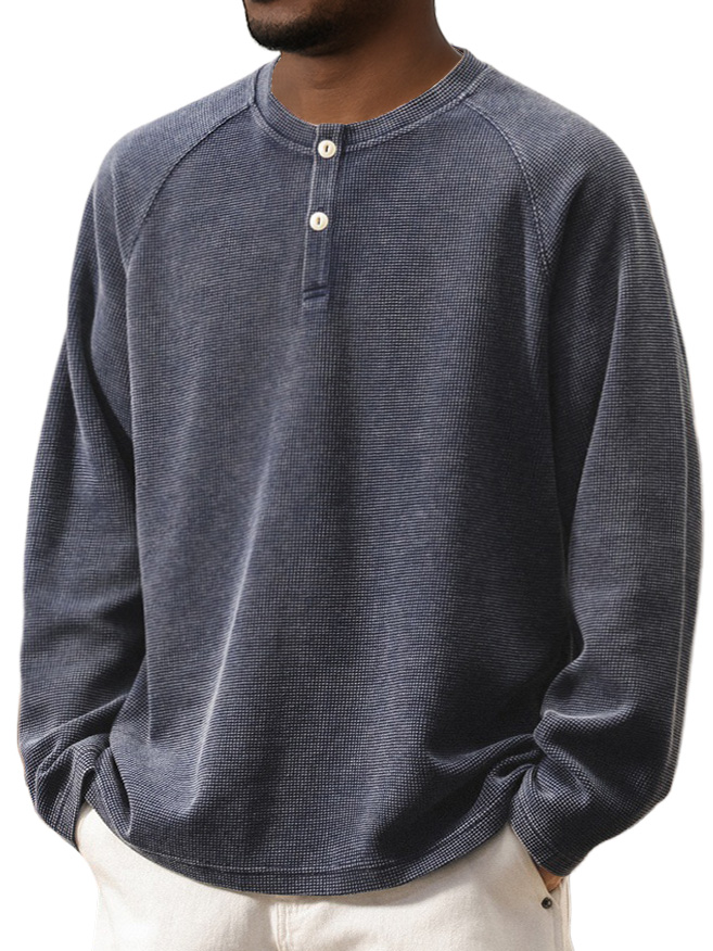 Herren Retro Fashion gewaschen Waffel-Gewand mit Raglanärmeln und Henley-Stil langen Ärmeln-ZierMode
